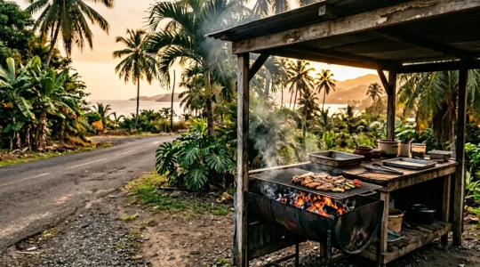 Stand de grillades artisanal au bord de la route avec fumée et équipements de cuisson visibles