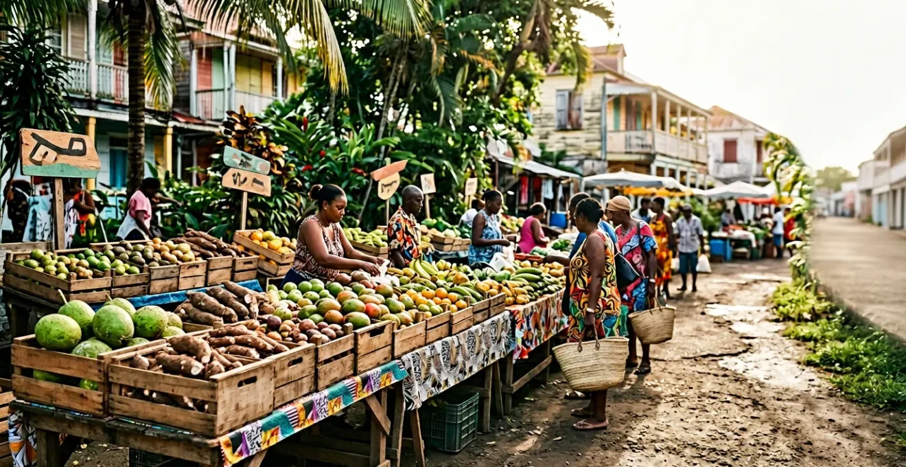 Scène de marché tropical guadeloupéen avec fruits et légumes colorés locaux