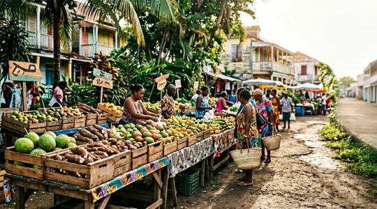 Scène de marché tropical guadeloupéen avec fruits et légumes colorés locaux