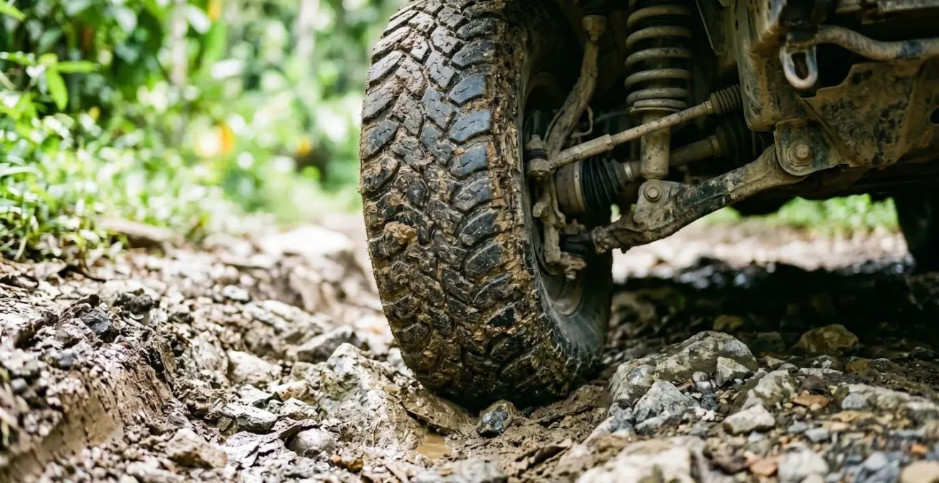 Vue rapprochée des roues d'un SUV négociant prudemment une piste cahoteuse en forêt tropicale guadeloupéenne