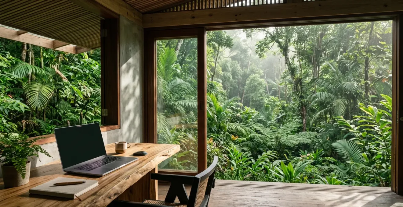 Espace de télétravail professionnel dans un environnement tropical guadeloupéen avec vue sur la nature luxuriante