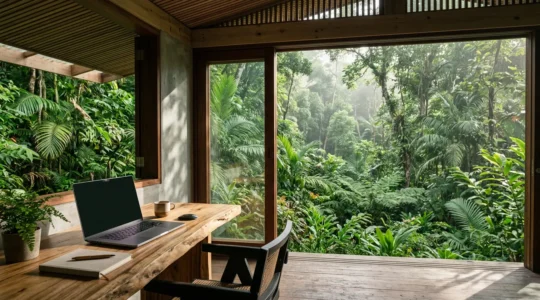 Espace de télétravail professionnel dans un environnement tropical guadeloupéen avec vue sur la nature luxuriante
