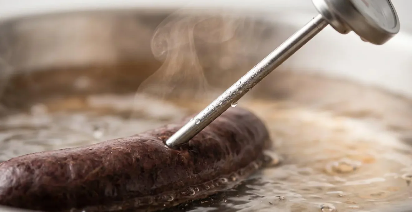 Gros plan sur un thermomètre de cuisine mesurant la température à cœur d'un boudin pendant la cuisson au bain-marie