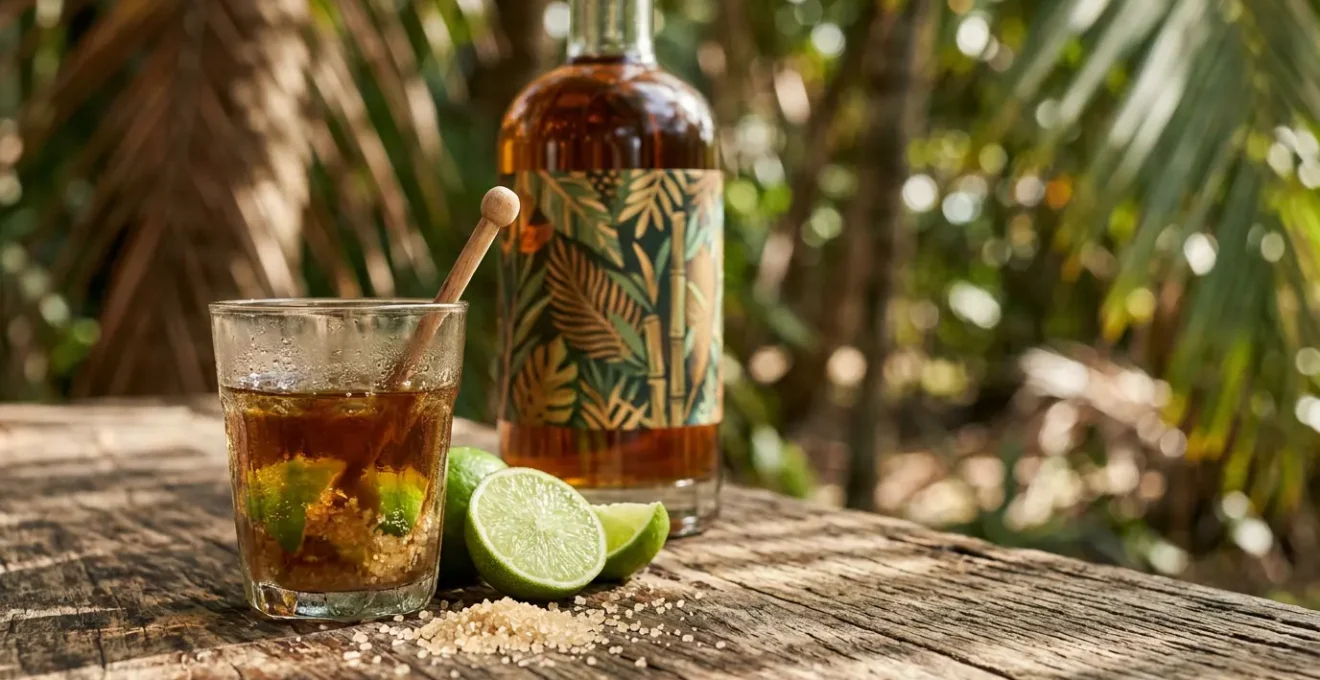 Verre de Ti-Punch traditionnel sur table en bois avec citron vert, sucre de canne et rhum agricole en arrière-plan tropical