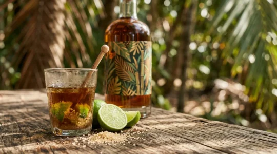 Verre de Ti-Punch traditionnel sur table en bois avec citron vert, sucre de canne et rhum agricole en arrière-plan tropical