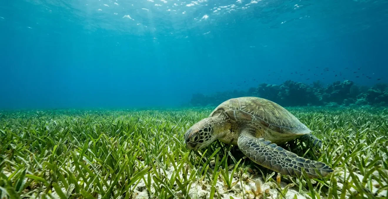 Tortue marine verte se nourrissant paisiblement dans les herbiers sous-marins de la baie de Malendure en Guadeloupe