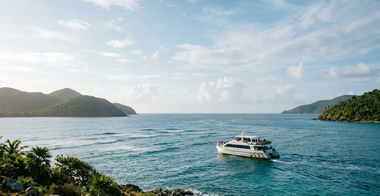 Vue panoramique d'un catamaran moderne naviguant entre les îles verdoyantes d'un archipel tropical sous un ciel bleu