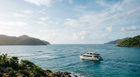 Vue panoramique d'un catamaran moderne naviguant entre les îles verdoyantes d'un archipel tropical sous un ciel bleu