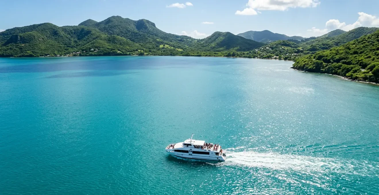 Vue aérienne d'un bateau-bus naviguant sur les eaux turquoise de la rade de Pointe-à-Pitre en Guadeloupe, avec la silhouette des îles en arrière-plan