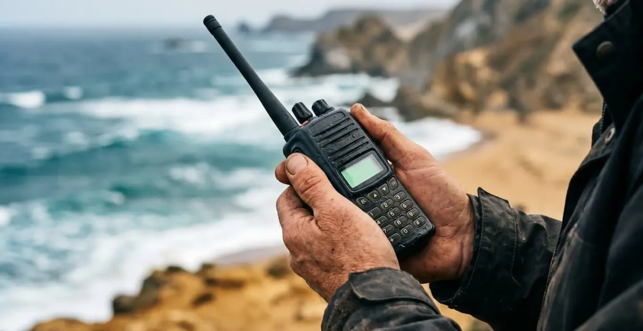 Main tenant une radio VHF portable sur une plage isolée avec océan en arrière-plan, symbolisant la communication d'urgence en zone blanche