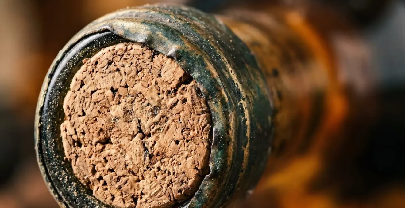 Photographie macro detaillee montrant la texture d'un bouchon de liege et d'une capsule de bouteille de spiritueux sans texte visible