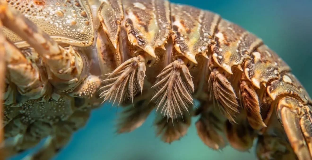 Gros plan sur les pléopodes d'une langouste royale montrant l'abdomen intact sans traces de manipulation
