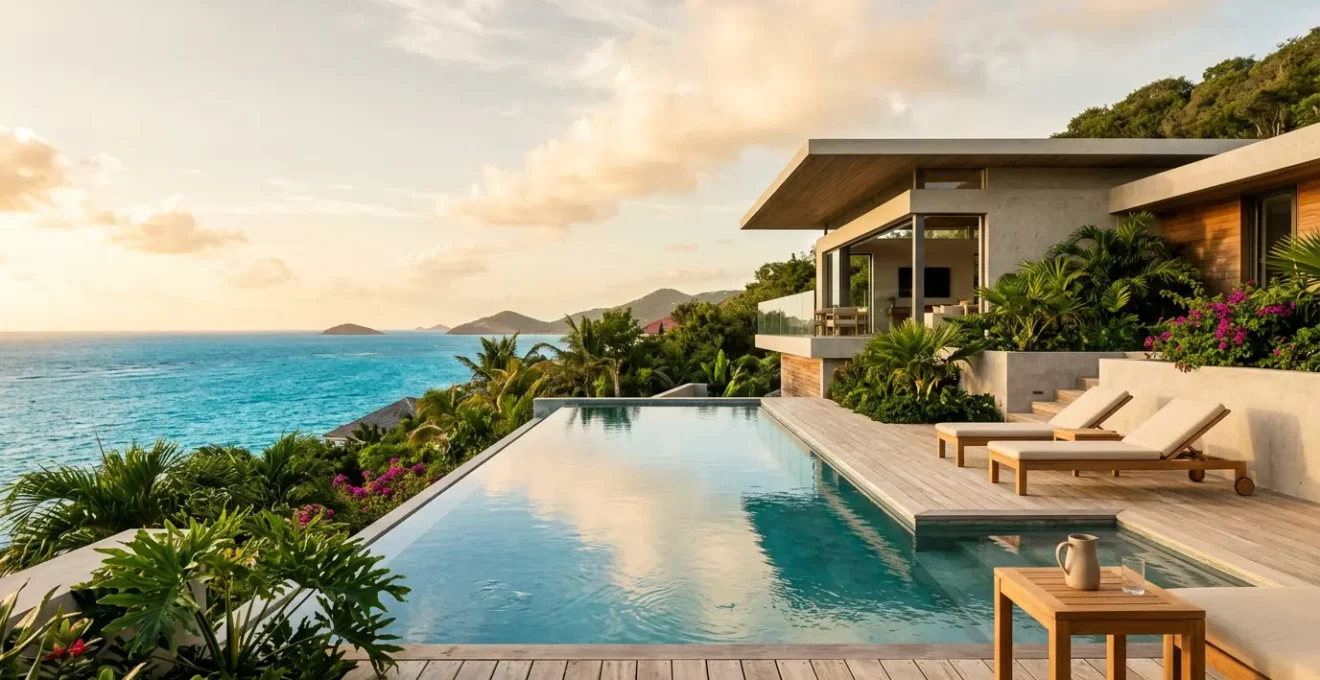 Villa de luxe d'architecte avec piscine à débordement à Saint-François en Guadeloupe, mer turquoise en arrière-plan
