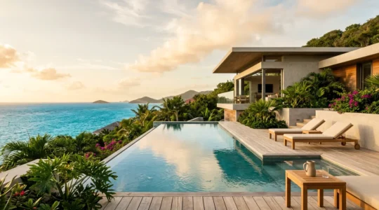 Villa de luxe d'architecte avec piscine à débordement à Saint-François en Guadeloupe, mer turquoise en arrière-plan