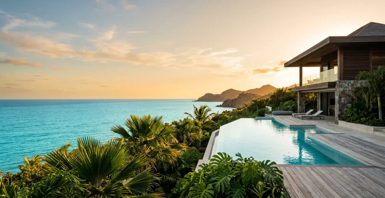 Villa moderne avec piscine en Guadeloupe dans un cadre tropical verdoyant sous ciel bleu