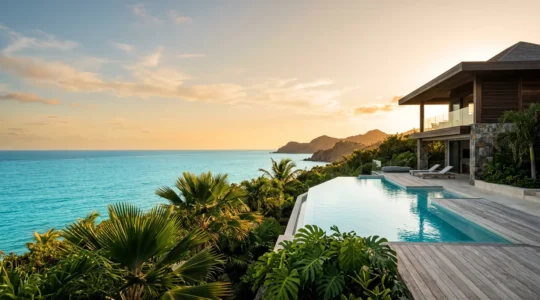 Villa moderne avec piscine en Guadeloupe dans un cadre tropical verdoyant sous ciel bleu