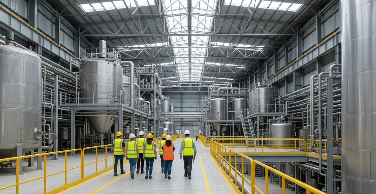 Visiteurs équipés d'équipements de protection dans une installation industrielle moderne avec architecture métallique et lumière naturelle