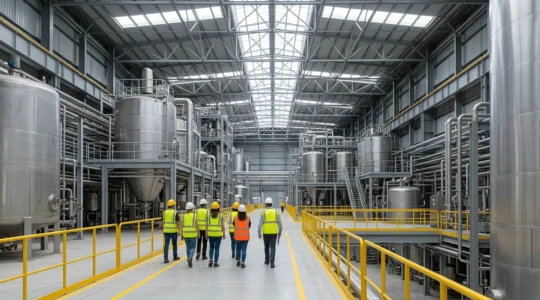 Visiteurs équipés d'équipements de protection dans une installation industrielle moderne avec architecture métallique et lumière naturelle