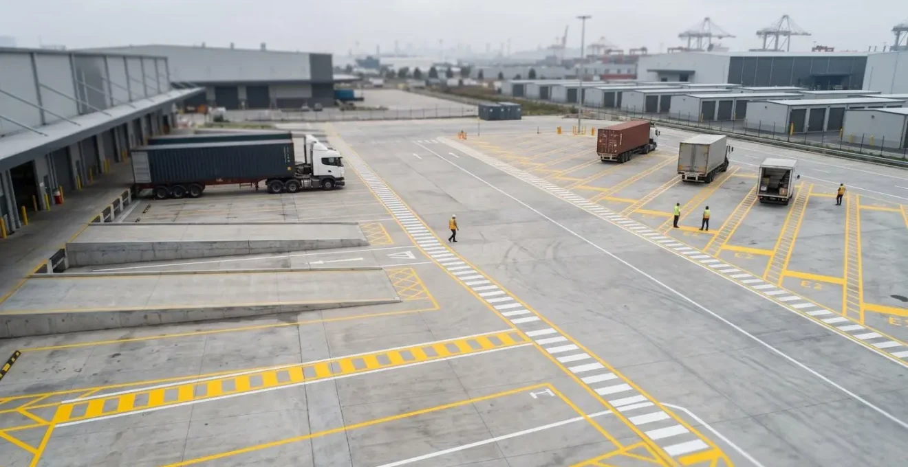 Vue en plongée d'une zone de circulation industrielle avec marquages au sol et espaces sécurisés